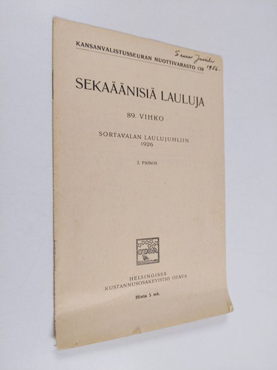 Sekaäänisiä lauluja : 89. vihko : Sortavalan laulujuhliin 1926