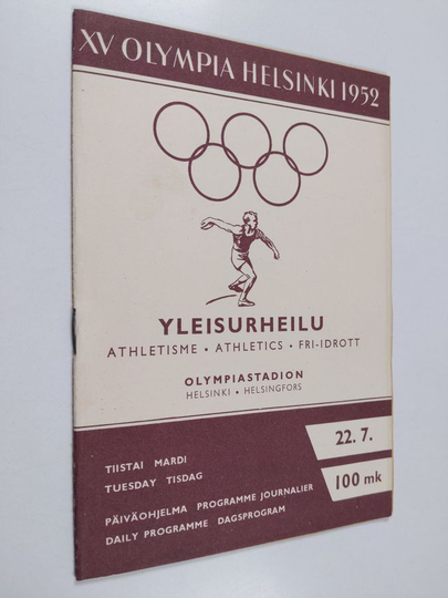 XV Olympia Helsinki 1952 : Yleisurheilu : päiväohjelma tiistai 22.7.