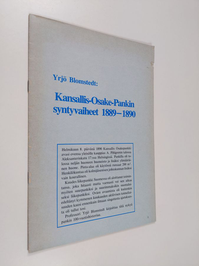 Yrjö Blomstedt : Kansallis-Osake-Pankin syntyvaiheet 1889-1890