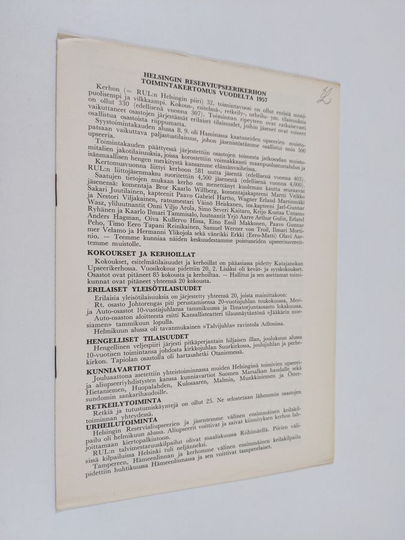Helsingin reserviupseerikerhon toimintakertomus vuodelta 1957