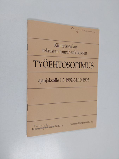 Kiinteistöalan teknisten toimihenkilöiden työehtosopimus ajanjaksolle 1.3.1992-31.10.1993