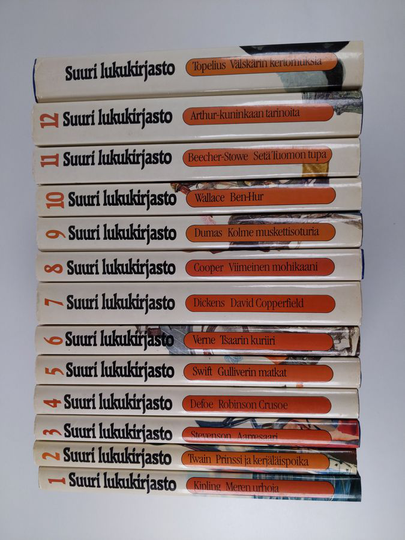 Suuri lukukirjasto 1-12 + Topelius (kuvitetut) : Meren urhoja ; Prinssi ja kerjäläispoika ; Aarresaari ; Robinson Crusoe ; Gulliverin matkat ; ...
