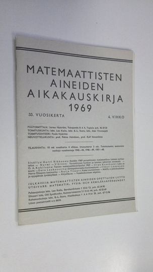 Matemaattisten aineiden aikakauskirja 1969 4. vihko